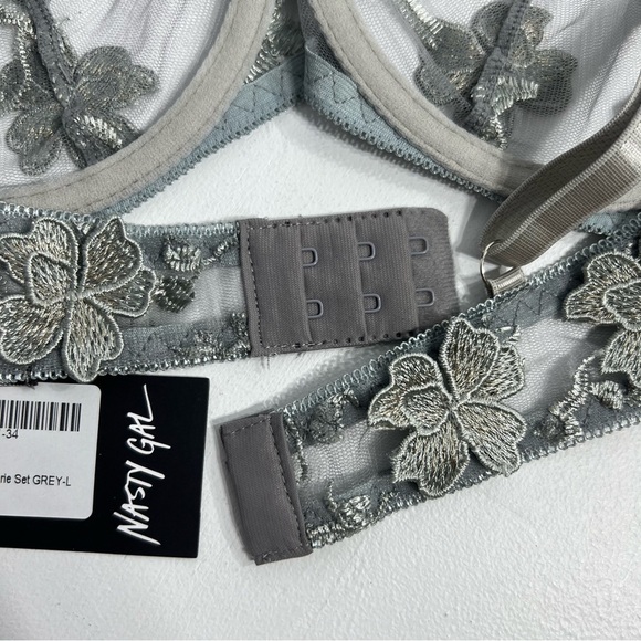 Nasty Gal Mesh Applique Underwire Bra Grey Large Floral Adjustable Strap New - Picture 5 of 10